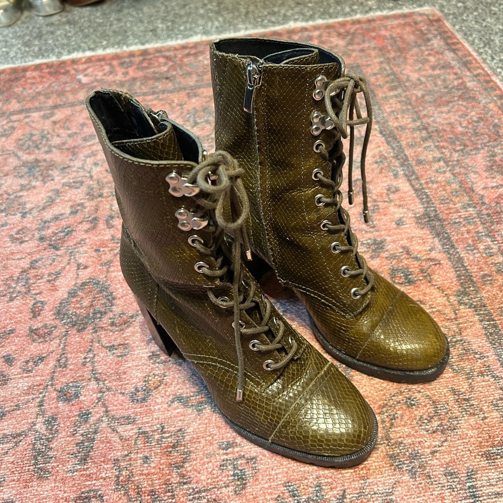 paige naomi heeled leather booties green snakeskin lace up boots
